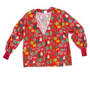 Vintage Christmas Ornaments Scrub Jacket Size Large Cottagecore 100% Cotton
